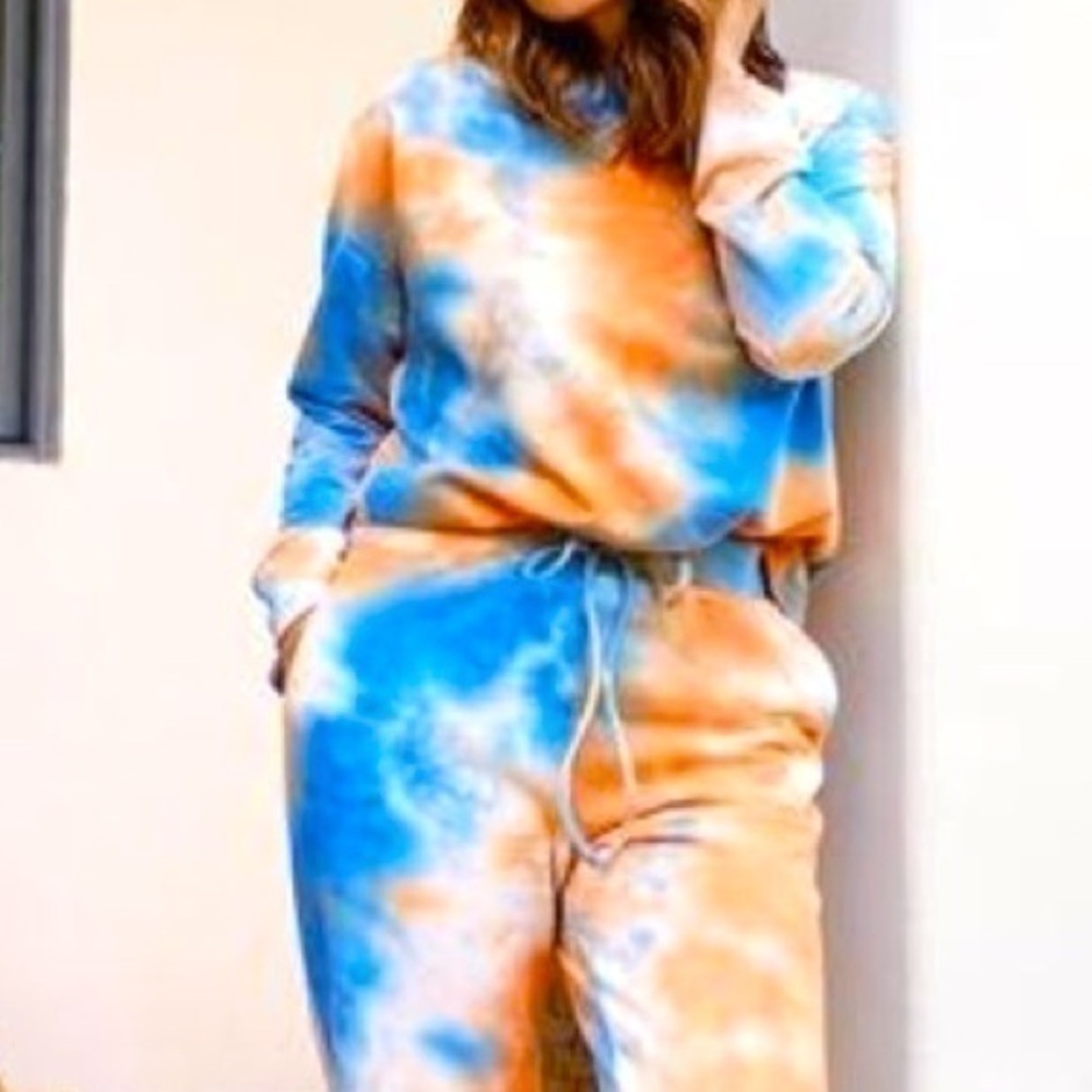 Women’s tie dye coord set tracksuit orange yellow contrast size M-L pants hoodie